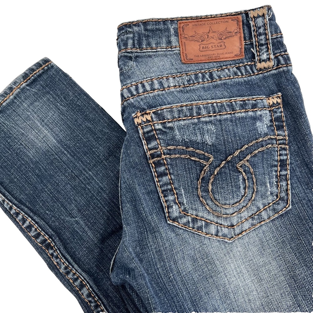 BIG STAR Women's 29L (32.5") Medium/Dark-Wash Low-Rise Slim Straight Denim Jeans
